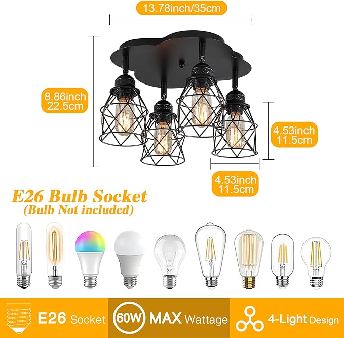 Kitchen Light Fixtures Ceiling Mount, Adjustable Semi Flush Mount Ceiling Light, Multi-Directional Lamp for Kitchen, Hallway, Dining Room, Farmhouse with E26 Base (Black 4-Light)