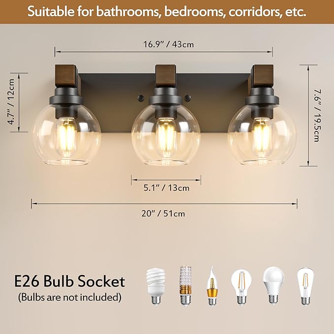 Farmhouse Bathroom Vanity Light Fixtures, 3-Light Wood Bathroom Light Fixtures Over Mirror, Rustic Vanity Lighting with Glass Shade for Living Room, Bedroom, Hallway