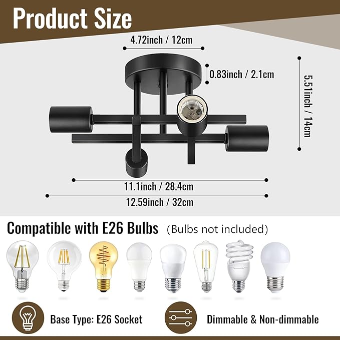 Ceiling Light, Dining Room Light Fixture with E26 Base, Semi Flush Mount Ceiling Light Fixture, Kitchen Lighting Fixtures Ceiling, 4-Light Matte Black Chandelier for Bedroom