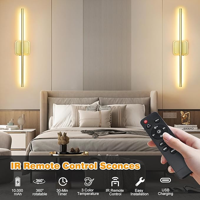 Battery Operated Wall Sconces Set of 2, Rechargeable Wall Sconces with Remote Control, LED Gold Wall Lights, 3000K-6000K Dimmable 360° Rotatable for Living Room, Bedroom, Hallway, 28''