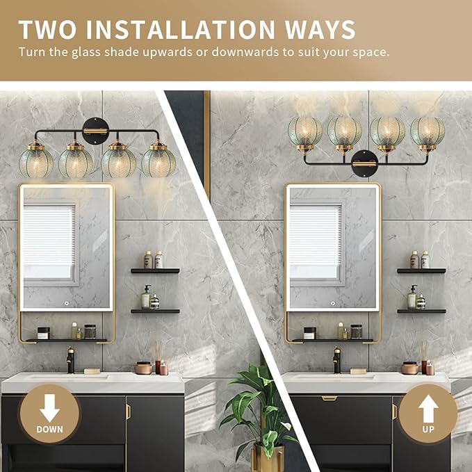 4-Lights Bathroom Light fixtures Glass Vanity Light Green Bathroom Sconce Mid Century Modern Wall Lamp,Black Gold Art Deco Vanity Light for Over Mirror Bedroom Hallway Dining Room