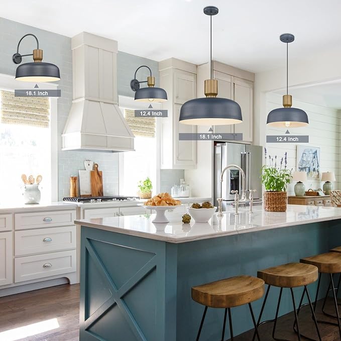 Farmhouse Pendant Lights, Adjustable Hanging Light Fixtures with Hammered Metal Shade, 18.1 inch Pendant Lighting for Kitchen Island, Blue