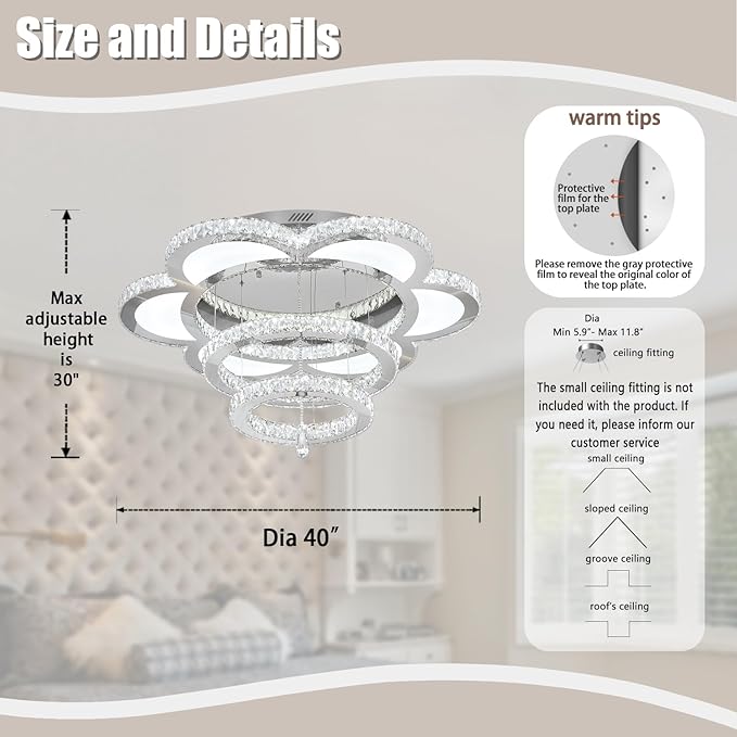 ykolupty W40 Modern Crystal Chandelier Flush Mount Chandelier Light Fixture for Living Room Kitchen Island Bedroom Hallway Entryway Foyer Luxury Ceiling Lamp