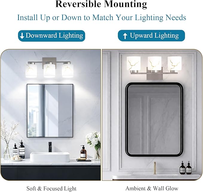 3-Light Brushed Nickel Bathroom Light Fixture, Modern Bathroom Vanity Light Over Mirror with White Marble Glass Shade, Wall Mounted Sconces Lighting for Bedroom Cabinet Kitchen Living Room