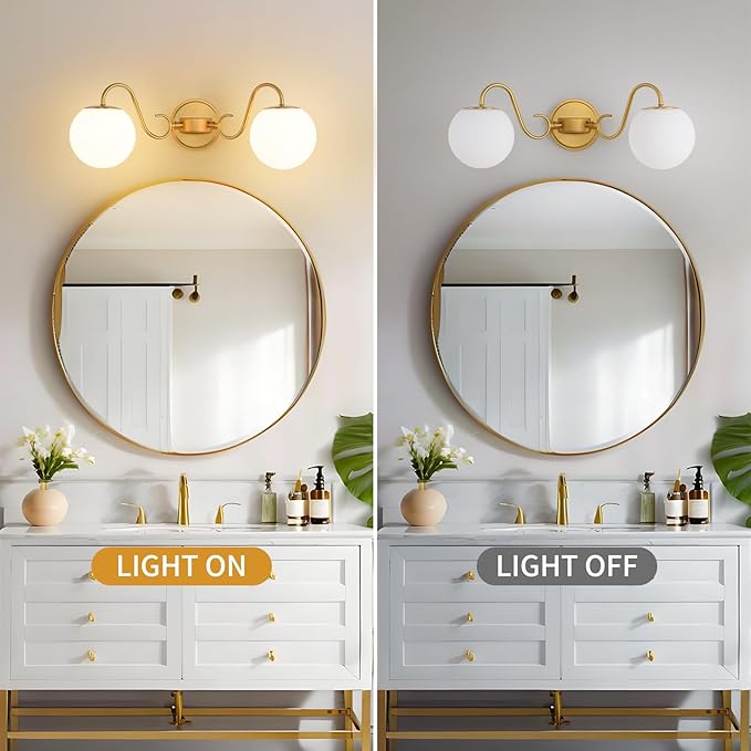 2 Lights Bathroom Vanity Light Fixtures Over Mirror, Brushed Gold Vintage Vanity Lights For Bathroom With Milk White Glass Globe Shade, Wall Lights For Bedroom, Hallway, Dressing Table,Includ G9 Bulbs