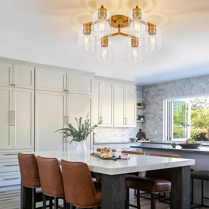YYT Gold Ceiling Light Fixture Mid-Century Kitchen Ceiling Light Fixtures Modern Gold Semi Flush Mount Light 6-Light Fixtures for Dining Room Brass Cieling Lights with Glass Shade