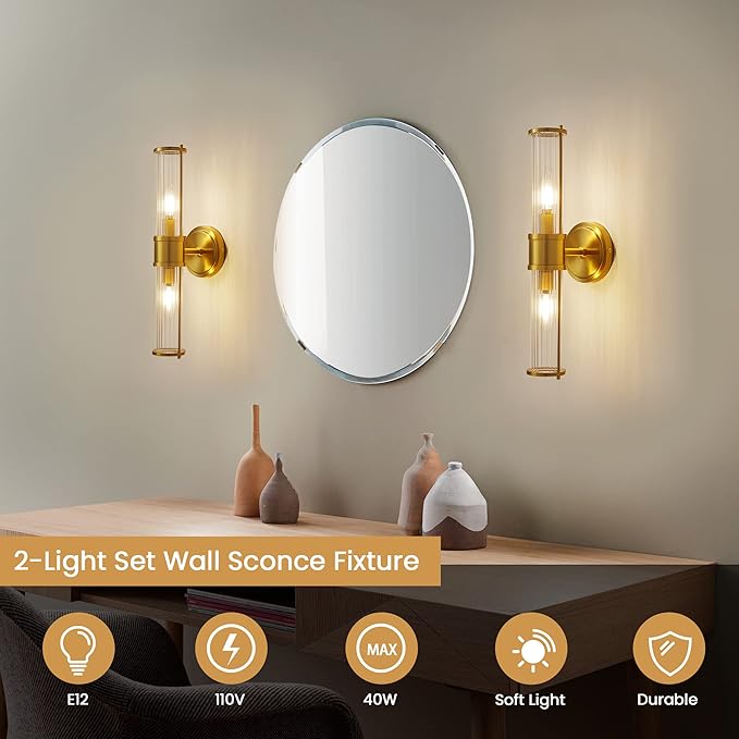 Gold Wall Sconce, Bathroom Light Fixtures with Threaded Glass Indoor Wall Sconces, Modern Sconce Wall Lighting Up and Down Vanity Lights Fixtures for Bathroom Mirror, Hallway, Living Room