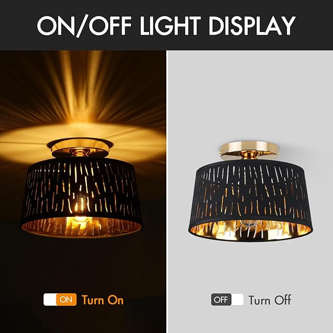 Modern Ceiling Light Fixture 2 Pack, 10 Inch Semi Flush Mount Lamp with Black Cut-Out Linen Shade, E26 Base, Gold for Kitchen Bedroom Hallway Closet Entryway Room Small Spaces