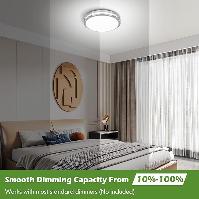 12 Inch 36W LED Ceiling Lights, 2700K/3000K/4000K/5000K/6500K Adjusted Flush Mount Ceiling Light, 3200LM Super Bright Dimmable Brushed Nickel Lighting Lamp Fixture for Bedroom Bathroom Dining, 2-Pack