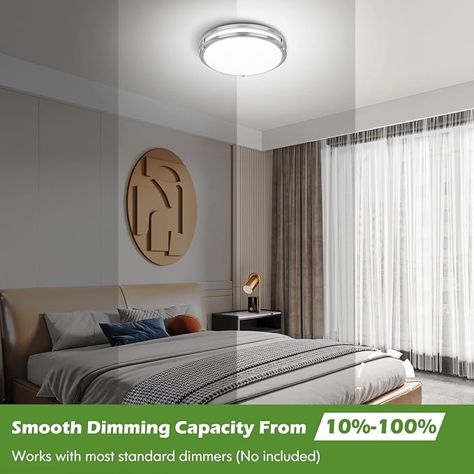 13 inch Dimmable LED Ceiling Light Fixture, 36W Super Bright 3600 Lumens Brushed Nickel Flush Mount Light Fixture, 2700K-6500K Adjustable Ceiling Lights for Bedroom, Kitchen, Bathroom, 1-Pack