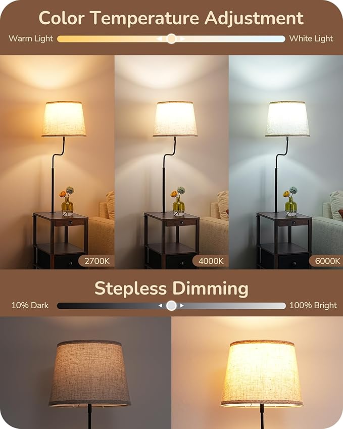EDISHINE Floor Lamps for Living Room, 3000K-6500K Dimmable Floor Lamp with Table, USB-A+Type-C Charging Port, Table with Lamp Attached for Bedroom, Den, Office, Kids Room, Fire-Burned Wood Color
