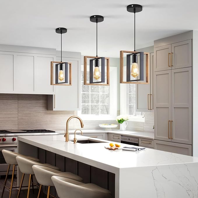 3 Pack Farmhouse Pendant Light Fixture, Black Kitchen Island Pendant Lights, Industrial Metal and Vintage Wood Hanging Light, Adjustable Height Rustic Ceiling Lamp for Entryway, Dining Room, Foyer