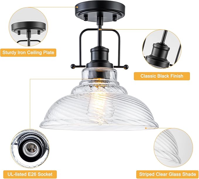 WILON Flush Mount Ceiling Light, Black Farmhouse Ceiling Light with Striped Clear Glass Shade, Light Fixtures for Dining Room Ceiling, Semi Flush Mount Ceiling Lights for Kitchen Entryway