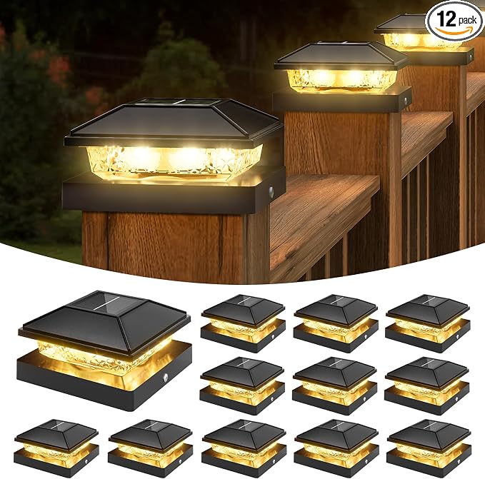 VOLISUN 4x4 Solar Fence - Post Cap Lights 12pack Outdoor Waterproof, Black Deck Post Cap Light with Warm White,for 4x4 Wooden/4x4 Vinyl