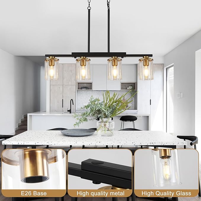 4-Light Kitchen Island Lighting,Dining Room Lights Modern Farmhouse Chandelier with Clear Glass Shade,Modern Rustic Black and Gold Metal Chandelier, Kitchen Pendant Light Fixtures Over Table