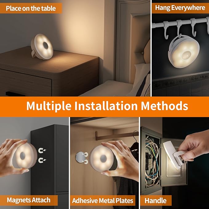 Dawnrise Motion Sensor Night Light Rechargeable (4 Pack), Battery Operated Night Lights with Soft Warm White, Portable Night Light for Bedroom, Stairs, Hallway, Bathroom, Pets House, Cabinet‌,Closet‌