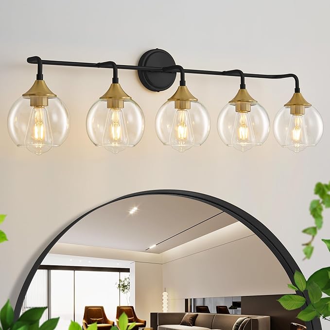 Bathroom Vanity Light with Clear Glass Shade, E26 Base, Vanity Lighting Fixtures Over Mirror, 39 Inch Vanity Lights for Bathroom (Exclude E26 Bulb) (Black and Gold, 5-Lights)