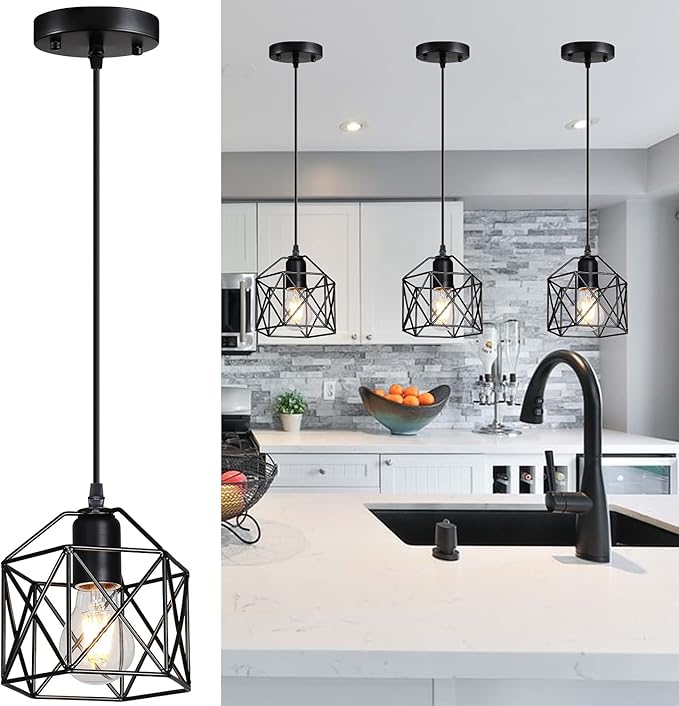 1-Light Vintage Hanging Light Pendant Light Fixture Farmhouse Basket Cage Hanging Ceiling Light with Metal Caged for Kitchen Island Dining Restaurant Room Hallway Hotel Bar…