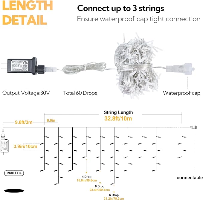 Hopolon 33FT 360 LED Warm White Christmas Icicle Lights, Waterproof Plug in | Outdoor icicle curtain lights with 60 drops, 8 modes, for Christmas, wedding, party, bedroom, garden, wall decor