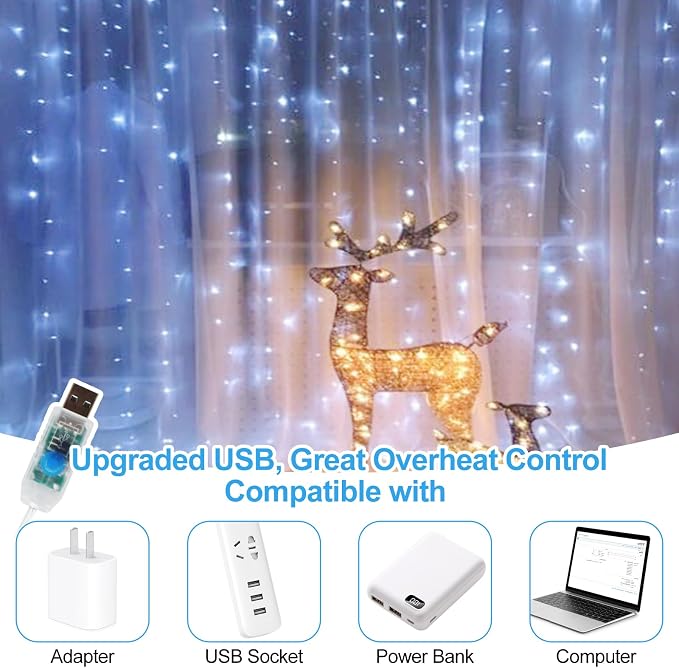 2 Pack 300 LED Fairy Curtain Lights, 9.8 x 9.8FT White USB Plug in 8 Modes String Hanging Lights with Remote for Christmas, Bedroom, Indoor, Outdoor, Weddings, Party (Cold White)