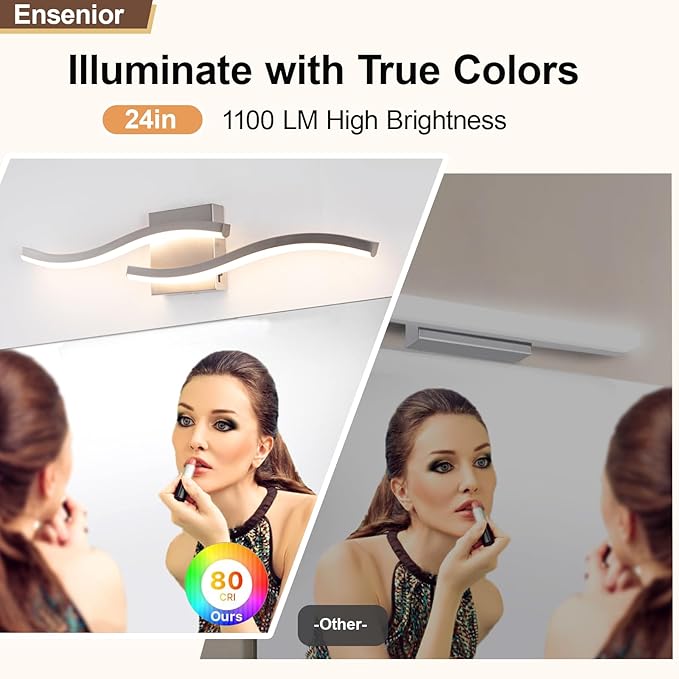 Brushed Nickel Curved Bathroom Vanity Light Fixture Over Mirror, 23.62 inch Modern LED Wall Lamp 5CCT Dimmable Bathroom Light Fixture Vanity Lighting Wall Sconces