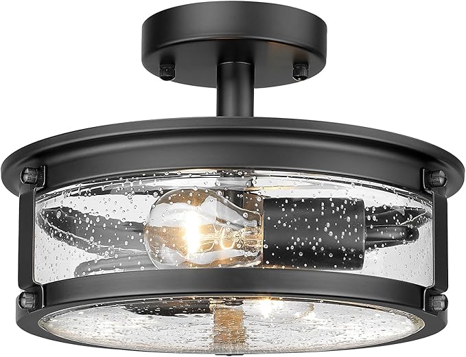 2-Light Semi Flush Mount Ceiling Light Fixture, Industrial Farmhouse Lighting, Black Matte Metal Hallway Ceiling Light with Seeded Glass for Bedroom,Living Room,Kitchen,Entryway,Dining Room