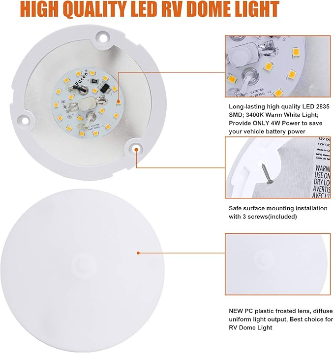 Facon 2-Pack Ultra Slim 4.5'' 12V RV Puck Lights w/Switch, SY-SM45 3400K Warm White LED Interior Lights for RVs, Camper Van, Boats, 12V Dome Light Fixture – cETL Certified