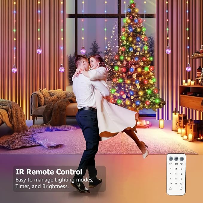 Wishing Ball Curtain Lights Battery Operated, 10ft x 3.3ft Warm White & Multicolor Fairy String Lights Curtain, Timer & IR Remote for Bedroom Backdrop Indoor Outdoor Christmas Party Decor