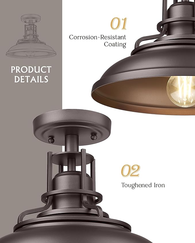 FEMILA Industrial Semi Flush Mount Light Fixture, 12" Farmhouse Ceiling Light Fixture for Porch, Hallway, Kitchen, Bedroom, 2 Pack, Oil Rubbed Bronze, 4FY15-F-2PK ORB