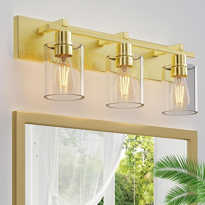Espird Bathroom Vanity Light, 3 Light Gold Light Fixture with Thickened Clear Glass Shade, 21 inch Modern Wall Sconce,Vanity Light Over Mirror for Bathroom