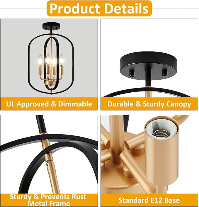 Black Gold Semi Flush Mount Ceiling Light Fixture, Modern Close to Ceiling Light Fixtures Ceiling Mount, Dimmable Foyer Kitchen Lighting Fixtures Ceiling Lights for Bedroom, Hallway, Entryway