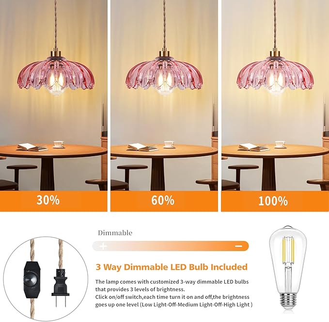 QIYIZM Pink Plug in Pendant Light Glass Hanging Lights with Plug in Cord Boho Hanging Lamp Gold Mid Century Modern Vintage Dimmable Flower Plug in Chandelier Ceiling Fixture for Living Room,Bedroom