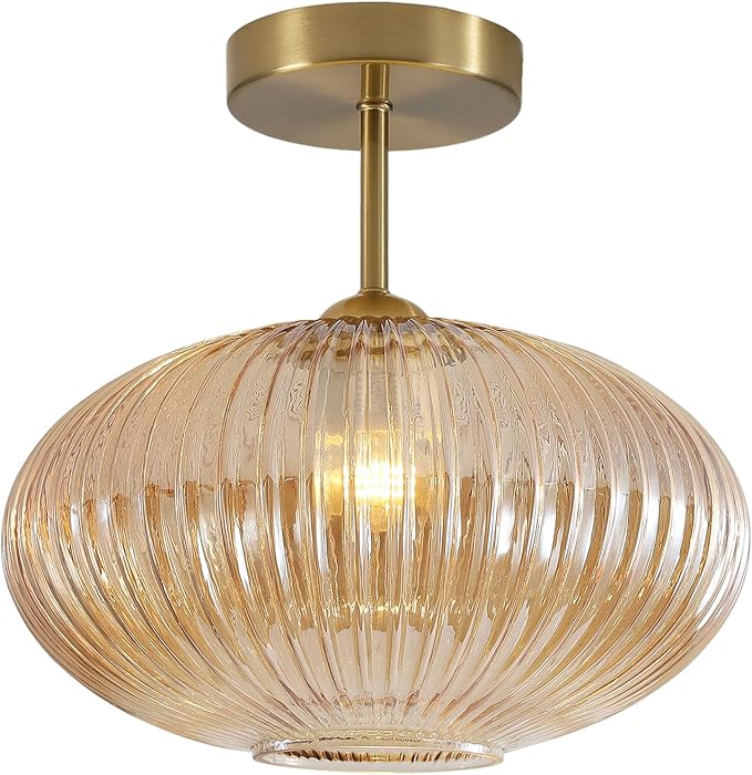 BOKT Vintage Brushed Brass Semi Flush Mount Ceiling Light Amber Ribbed Glass Pendant Light Mid Century Modern Gold Close to Ceiling Light Fixture for Indoor Use 9.8"