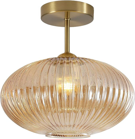 BOKT Vintage Brushed Brass Semi Flush Mount Ceiling Light Amber Ribbed Glass Pendant Light Mid Century Modern Gold Close to Ceiling Light Fixture for Indoor Use 9.8"