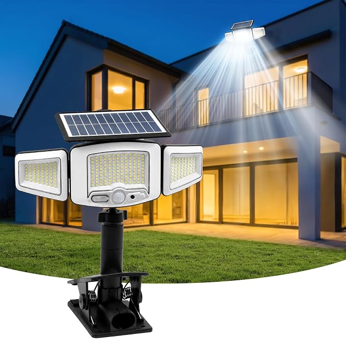 Solar Flood Lights Outdoor, 231 LEDs Clip-on Motion Sensor Lights 2000LM , 3 Heads Security Light with 360° Wide Angle,IP65 Waterproof Flood Wall Light with 3 Modes for Backyard,Patio,Garage(1 PACK)