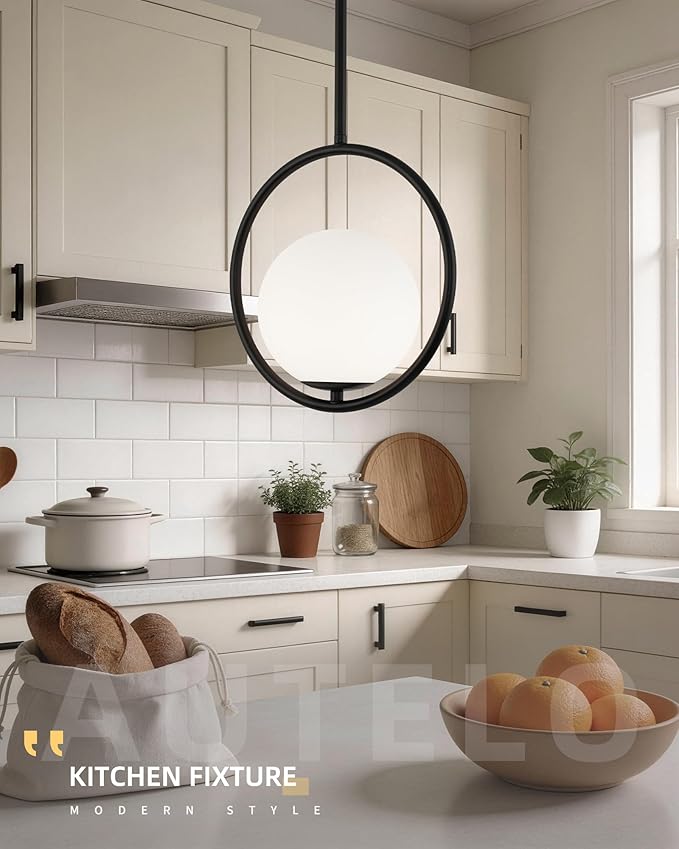 AUTELO 1-Light Pendant Lights Kitchen Island, Matte Black Glass Pendant Lights with Milky White Globe Hanging Lamp, Adjustable Rods for Kitchen Bar Dining Room, H9380 MGBK