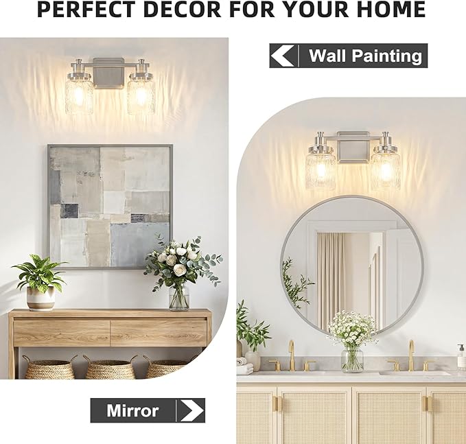 2 Lights Bathroom Light Fixtures Farmhouse Brushed Nickel Vanity Lights for Bathroom Lighting Fixtures Over Mirror with Hammered Glass Lampshade for Cabinet Mirror Bedroom Hallway