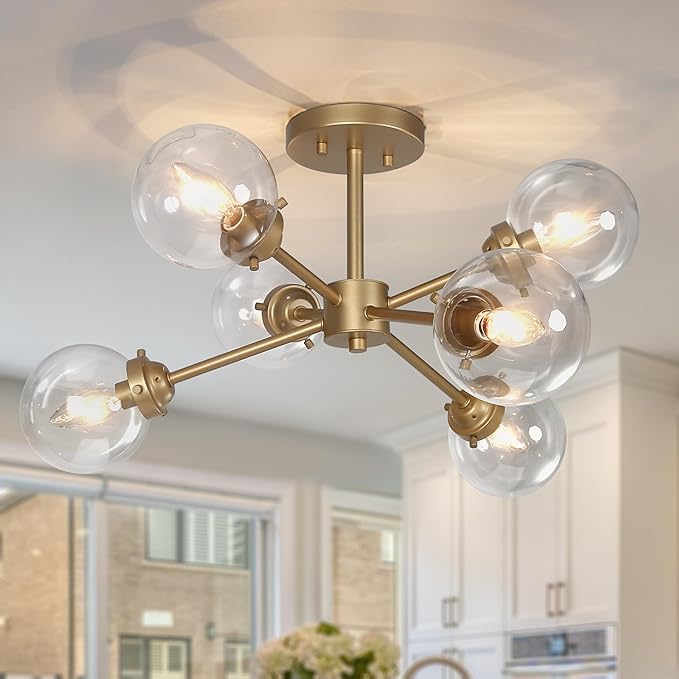 KSANA Gold Semi Flush Mount Ceiling Light, 6-Light Modern Close to Ceiling Hallway Light Fixtures with Clear Glass Globe for Bedroom, Kitchen