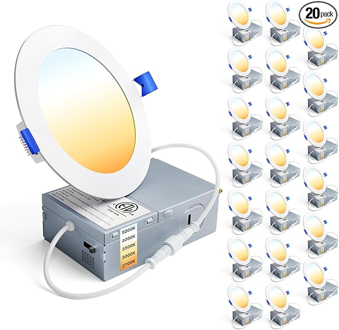 Ensenior 20 Pack 4 Inch LED Recessed Light, Dimmable, 2700K-5000K 5CCT, 750LM High Brightness, 9W 120V, Damp Rated, Ultra-Thin Canless Wafer Ceiling Light - ETL & FCC & IC
