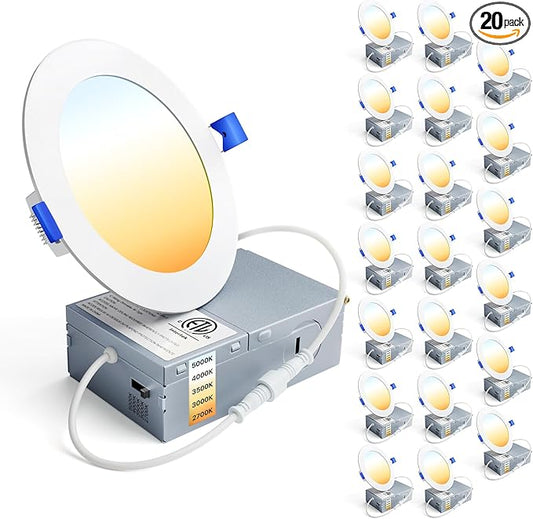 Ensenior 20 Pack 4 Inch LED Recessed Light, Dimmable, 2700K-5000K 5CCT, 750LM High Brightness, 9W 120V, Damp Rated, Ultra-Thin Canless Wafer Ceiling Light - ETL & FCC & IC
