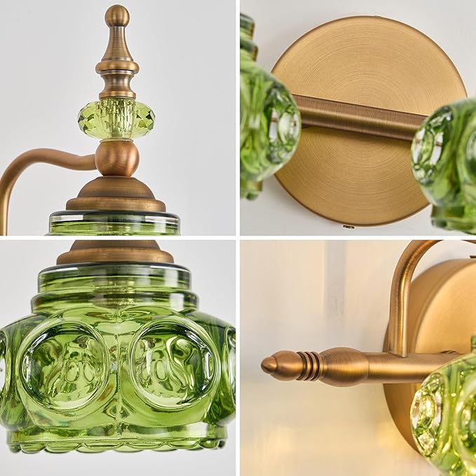 Green 2-Light Vintage Vanity Light Fixtures with Crystal Glass Shade, Rust-Proof and Durable Bathroom Lighting Wall Sconce for Bathroom Bedroom Living Room Hallway