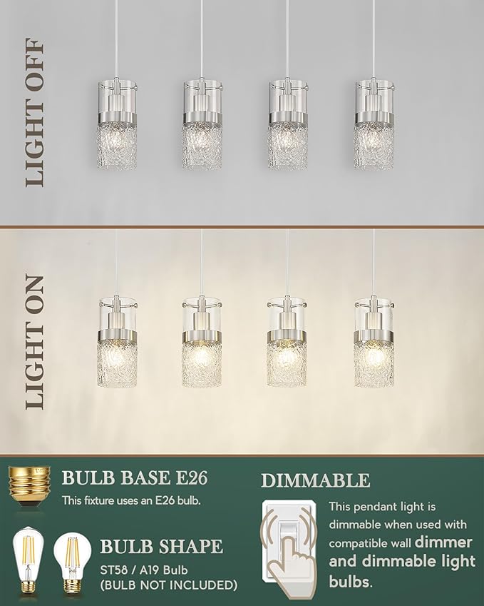 LMS 4-LightIsland Lighting, Brushed Nickel Kitchen Island Light Fixture, Farmhouse Linear Chandeliers for Dining Room Over Table Pendant Light with Hammered Glass for Living Room, LMS-171BN4L
