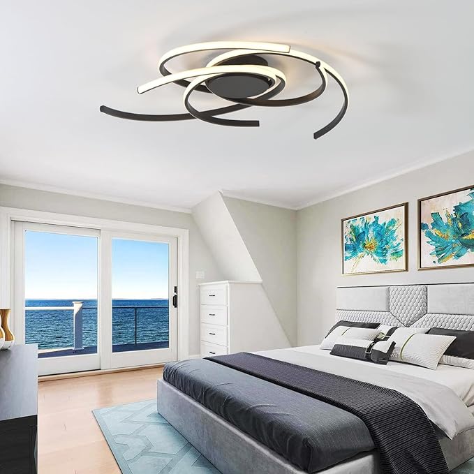 3 Lights Swirl Close to Ceiling Light Modern Dimmable LED Black Flush Mount Light Fixture,28 Inch Ceiling Light for Living Room Bedroom