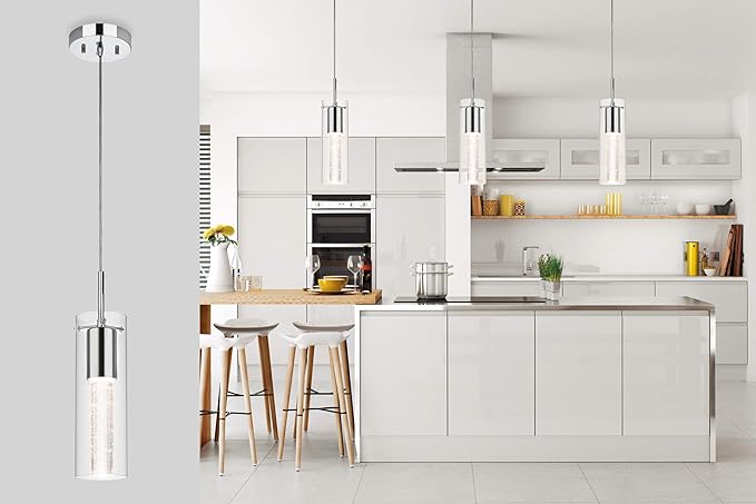 XiNBEi Lighting Pendant Lighting 1 Light Mini Pendant Lights with Glass and Bubble Crystal, Modern Chrome Hanging Pendant Light with LED Bulb for Kitchen & Dining Room XB-P1110-CH