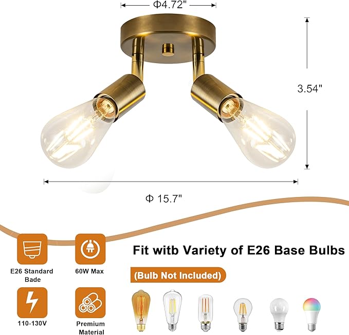 Semi Flush Mount Ceiling Light Fixture E26 Mini Antique Gold Chandelier Small Ceiling Lamp for Entryway Bedroom Bathroom Hallway Closet Foye Gold Hallway Light Fixture Ceiling Matte Brass Finish
