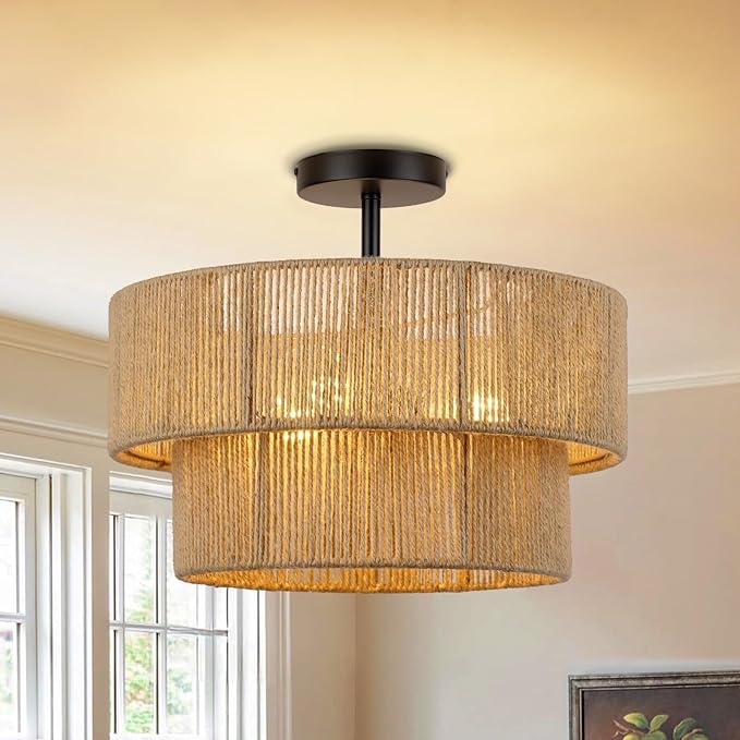 15.7'' Boho Light Fixtures Ceiling Mount, Coastal Hemp rope Semi Flush Mount Ceiling Light Fixture,3-Light Rattan Light Fixtures With 2-Tier Drum Shade, Farmhouse Chandelier Bedroom Ceiling Lamp
