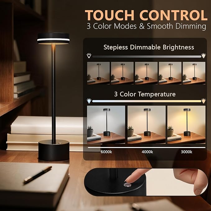 2 Pack Cordless Table Lamp Rechargeable, Touch Desk Lamp - 5000mAh Battery, 3 Color Dimmable Led Light, Small Portable Aluminum Light for Outdoor/Patio/Dining/Tabletop/Bar/Office, Home Decor
