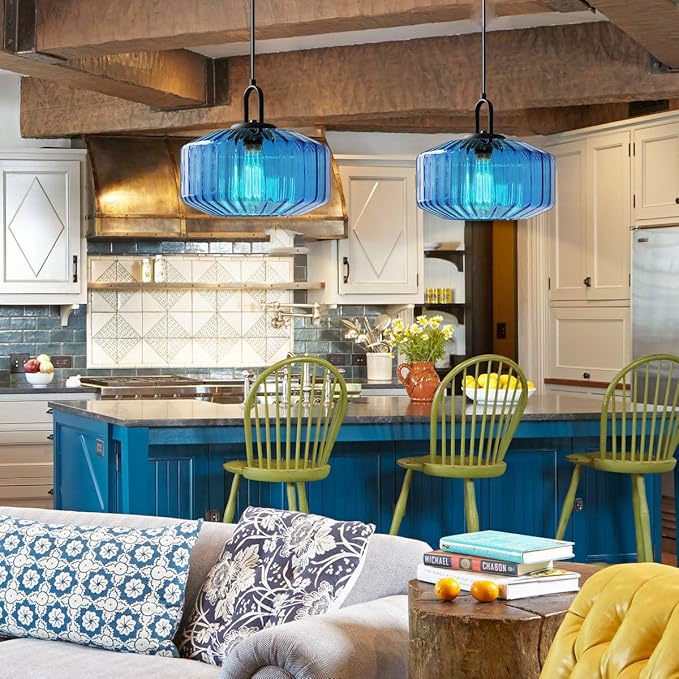 Plug in Glass Pendant Light Corded Pendant Light with Plug in Cord Large Glass Hanging Lamp Plug in Ceiling Pendant Lights Stripe Blue Light Fixtures for Kitchen Sink Living Room