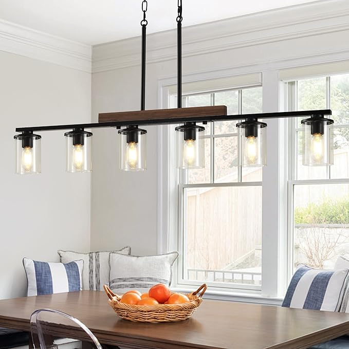 47.2'' Kitchen Island Light Fixtures, 6-Light Dining Room Light Fixture Chandelier Over Table, Black Modern Rustic Wood Ceiling Pendant Light Fixtures, with Clear Glass Shade, Farmhouse Chandelier