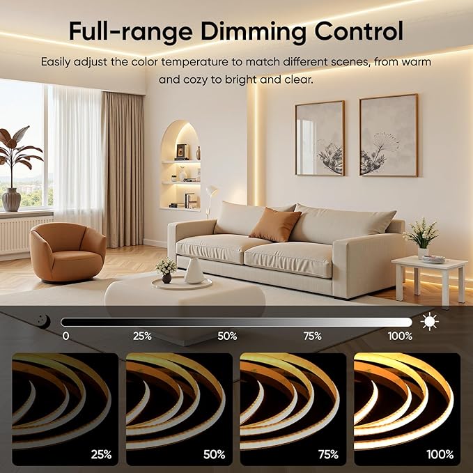 V4light Smart COB LED Strip Lights 16.4ft 24V, Tunable White 2700K–6500K Dot-Free Lighting, Alexa & Google Voice Control, App & Remote, CRI90+ Under Cabinet Lighting for Kitchen & Closet